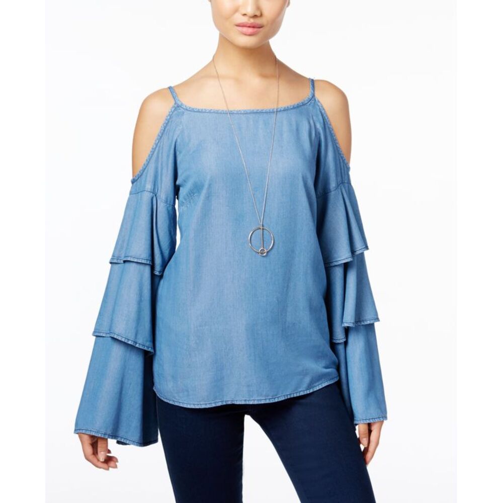 INC International Concepts Denim Ruffled Cold Shoulder Top